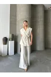 Keten Sıfır Kol Kuşaklı Ceket Pantolon İkili Takım - Beyaz Keten Sıfır Kol Kuşaklı Ceket Pantolon İkili Takım - Beyaz
