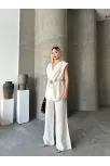 Keten Sıfır Kol Kuşaklı Ceket Pantolon İkili Takım - Beyaz Keten Sıfır Kol Kuşaklı Ceket Pantolon İkili Takım - Beyaz