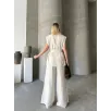 Keten Sıfır Kol Kuşaklı Ceket Pantolon ikili Takım - Beyaz Keten Sıfır Kol Kuşaklı Ceket Pantolon ikili Takım - Beyaz