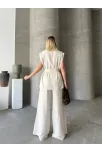 Keten Sıfır Kol Kuşaklı Ceket Pantolon İkili Takım - Beyaz Keten Sıfır Kol Kuşaklı Ceket Pantolon İkili Takım - Beyaz