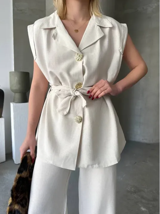 Keten Sıfır Kol Kuşaklı Ceket Pantolon ikili Takım - Beyaz Keten Sıfır Kol Kuşaklı Ceket Pantolon ikili Takım - Beyaz