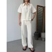 Keten Tam Fermuarlı Kısa kollu Gömlek Pantolon ikili Takım - Beyaz