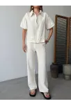 Keten Tam Fermuarlı Kısa Kollu Gömlek Pantolon İkili Takım - Beyaz Keten Tam Fermuarlı Kısa Kollu Gömlek Pantolon İkili Takım - Beyaz