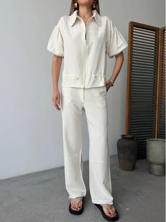 Keten Tam Fermuarlı Kısa kollu Gömlek Pantolon ikili Takım - Beyaz