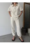 Keten Tam Fermuarlı Kısa Kollu Gömlek Pantolon İkili Takım - Beyaz Keten Tam Fermuarlı Kısa Kollu Gömlek Pantolon İkili Takım - Beyaz