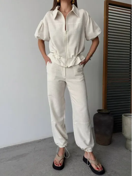 Keten Tam Fermuarlı Kısa kollu Gömlek Pantolon ikili Takım - Beyaz