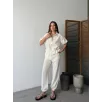 Keten Tam Fermuarlı Kısa kollu Gömlek Pantolon ikili Takım - Beyaz