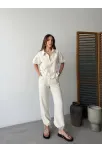 Keten Tam Fermuarlı Kısa Kollu Gömlek Pantolon İkili Takım - Beyaz Keten Tam Fermuarlı Kısa Kollu Gömlek Pantolon İkili Takım - Beyaz