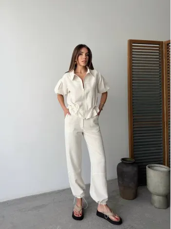 Keten Tam Fermuarlı Kısa kollu Gömlek Pantolon ikili Takım - Beyaz Keten Tam Fermuarlı Kısa kollu Gömlek Pantolon ikili Takım - Beyaz