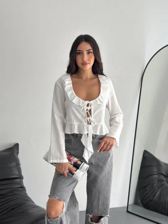 Keten Uzun Kol Bağacık Detaylı Bluz - Beyaz Keten Uzun Kol Bağacık Detaylı Bluz - Beyaz