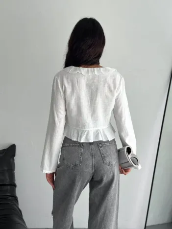 Keten Uzun Kol Bağacık Detaylı Bluz - Beyaz