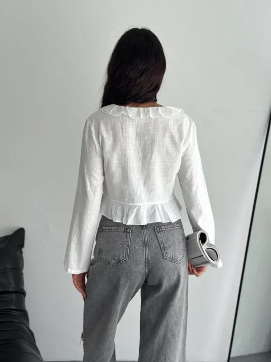 Keten Uzun Kol Bağacık Detaylı Bluz - Beyaz Keten Uzun Kol Bağacık Detaylı Bluz - Beyaz