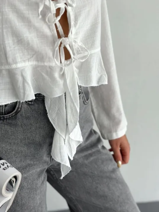 Keten Uzun Kol Bağacık Detaylı Bluz - Beyaz Keten Uzun Kol Bağacık Detaylı Bluz - Beyaz