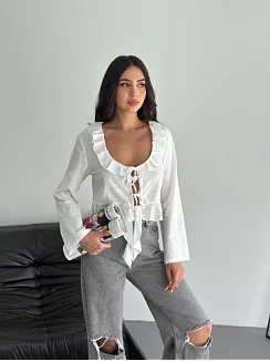 Keten Uzun Kol Bağacık Detaylı Bluz - Beyaz