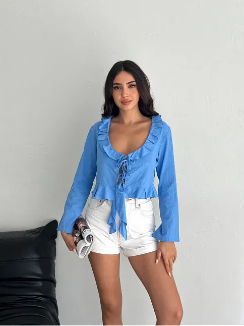 Keten Uzun Kol Bağacık Detaylı Bluz - Mavi