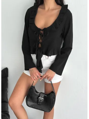 Keten Uzun Kol Bağacık Detaylı Bluz - Siyah