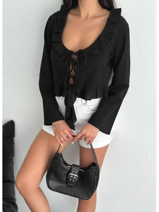 Keten Uzun Kol Bağacık Detaylı Bluz - Siyah