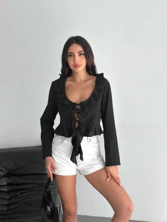 Keten Uzun Kol Bağacık Detaylı Bluz - Siyah
