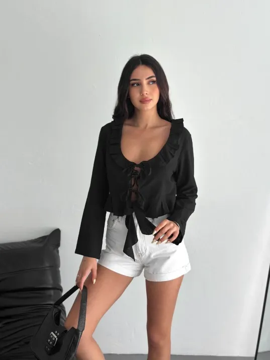 Keten Uzun Kol Bağacık Detaylı Bluz - Siyah Keten Uzun Kol Bağacık Detaylı Bluz - Siyah