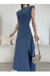 Keten Yandan Yırtmaçlı Uzun Elbise Sıfır Kol Elbise - Mavi Keten Yandan Yırtmaçlı Uzun Elbise Sıfır Kol Elbise - Mavi