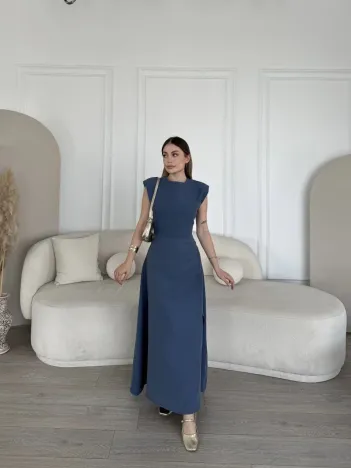 Keten Yandan Yırtmaçlı Uzun Elbise Sıfır Kol Elbise - Mavi