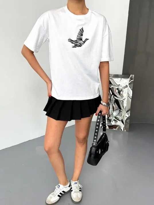 Kısa Kol Baskılı T-shirt - Beyaz