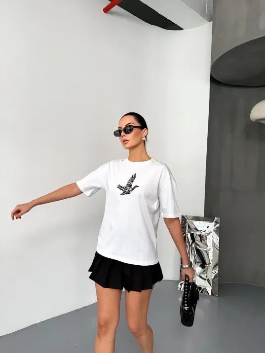 Kısa Kol Baskılı T-shirt - Beyaz