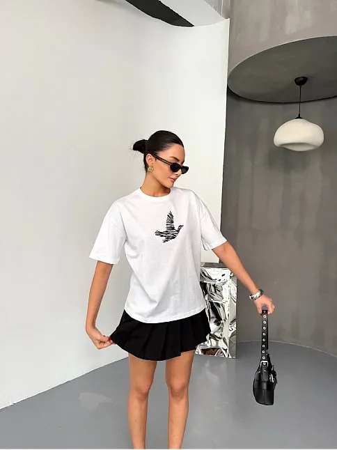 Kısa Kol Baskılı T-shirt - Beyaz
