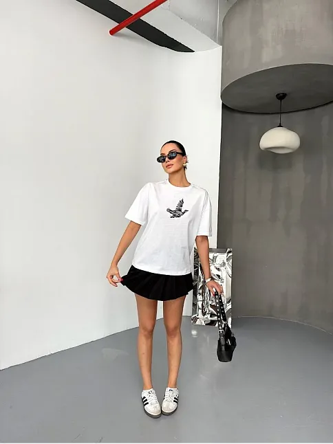 Kısa Kol Baskılı T-shirt - Beyaz