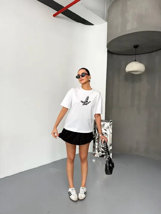 Kısa Kol Baskılı T-shirt - Beyaz