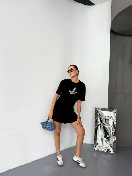 Kısa Kol Baskılı T-shirt - Siyah