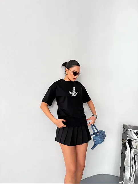Kısa Kol Baskılı T-shirt - Siyah