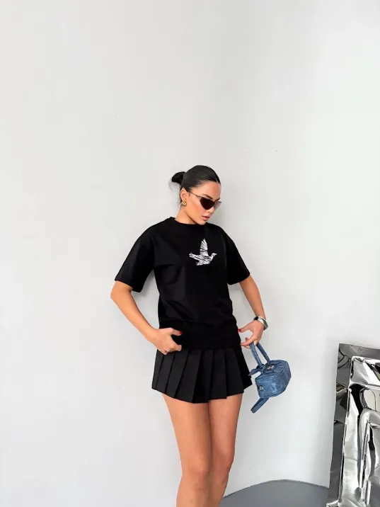 Kısa Kol Baskılı T-shirt - Siyah