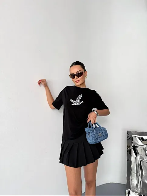 Kısa Kol Baskılı T-shirt - Siyah