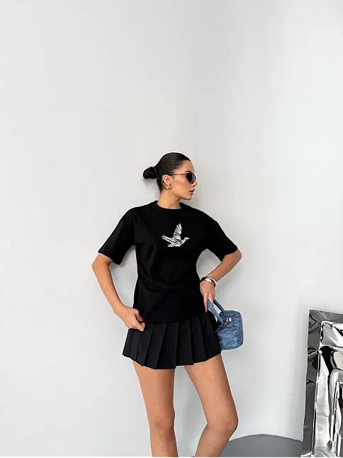 Kısa Kol Baskılı T-shirt - Siyah