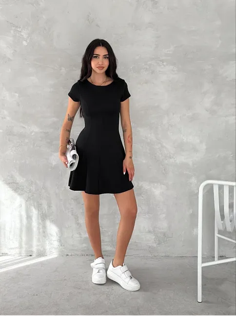 Kısa Kollu Mini Elbise - Siyah