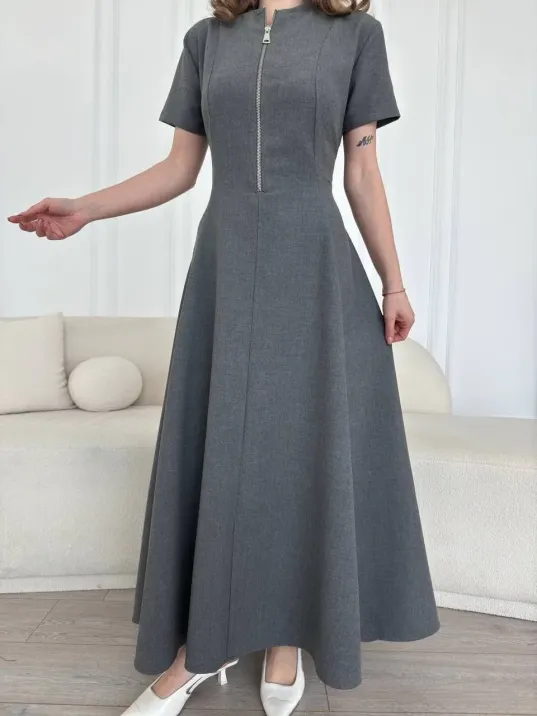 Kısa Kollu Önden Fermuarlı Çan Etekli Uzun Elbise - Antrasit