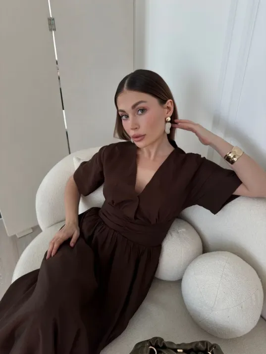 Kısa Kollu Uzun Elbise - Kahve Kısa Kollu Uzun Elbise - Kahve