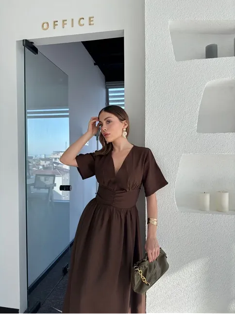 Kısa Kollu Uzun Elbise - Kahve