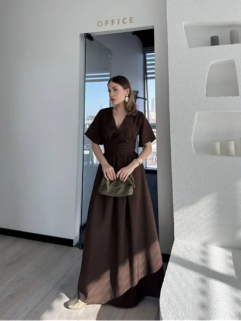 Kısa Kollu Uzun Elbise - Kahve