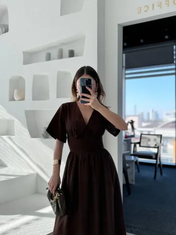 Kısa Kollu Uzun Elbise - Kahve Kısa Kollu Uzun Elbise - Kahve