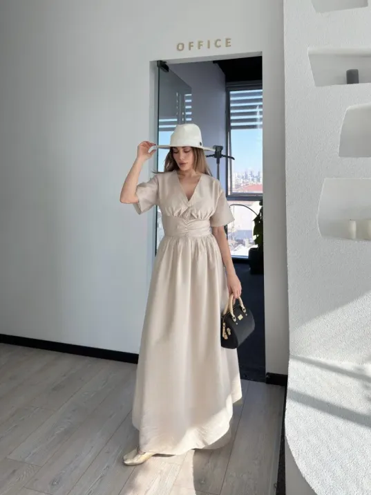 Kısa Kollu Uzun Elbise - Kırık Beyaz