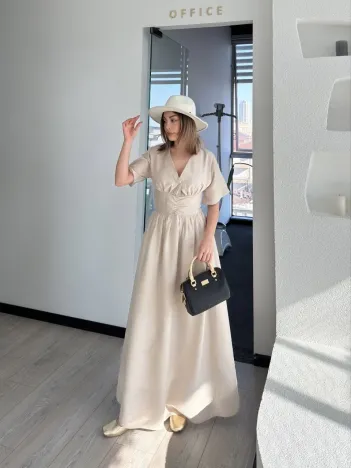 Kısa Kollu Uzun Elbise - Kırık Beyaz Kısa Kollu Uzun Elbise - Kırık Beyaz