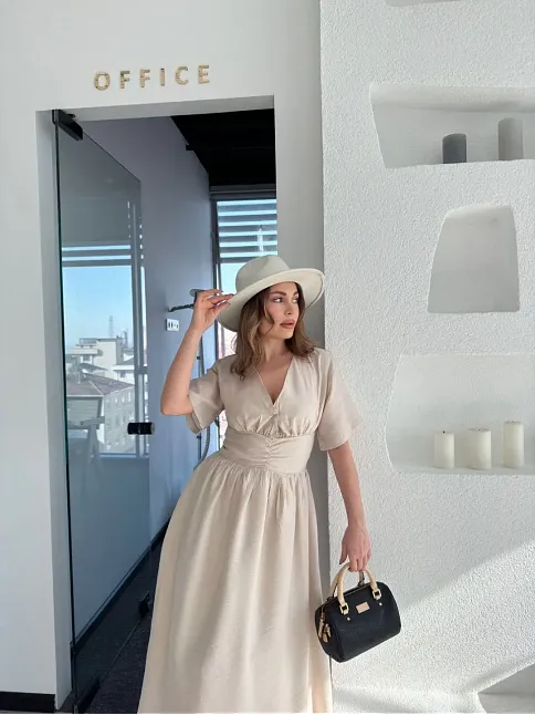 Kısa Kollu Uzun Elbise - Kırık Beyaz
