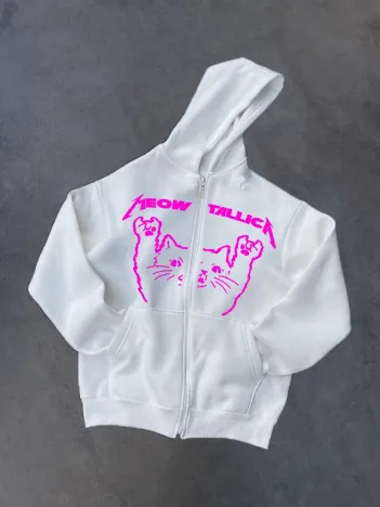 Kışlık Baskılı Fermuarlı Kapüşonlu Hırka - Beyaz Kışlık Baskılı Fermuarlı Kapüşonlu Hırka - Beyaz