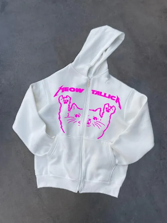 Kışlık Baskılı Fermuarlı Kapüşonlu Hırka - Beyaz