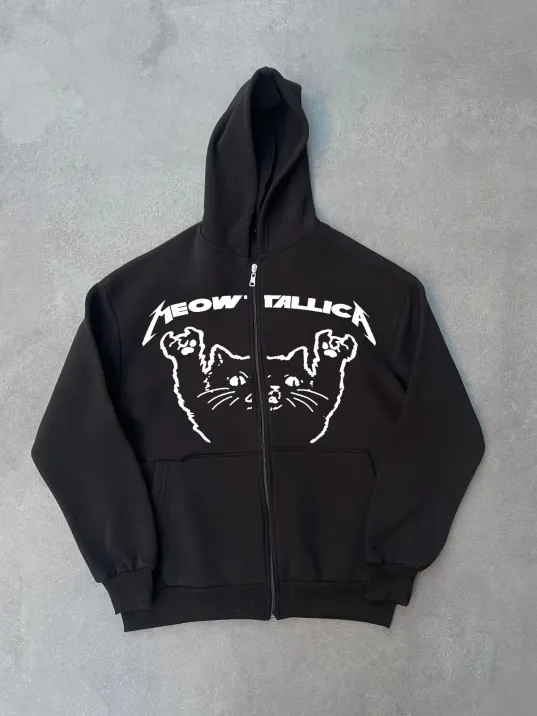 Kışlık Baskılı Fermuarlı Kapüşonlu Hırka - Siyah