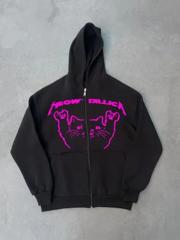 Kışlık Baskılı Fermuarlı Kapüşonlu Hırka - Siyah Kışlık Baskılı Fermuarlı Kapüşonlu Hırka - Siyah