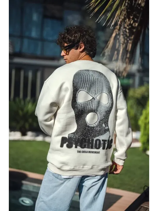 Kışlık Bisiklet Yaka Baskılı SweatShirt - Beyaz