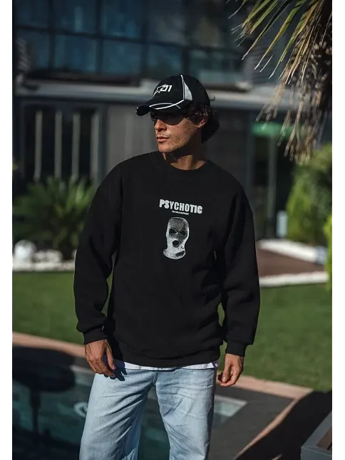 Kışlık Bisiklet Yaka Baskılı Sweatshirt - Siyah